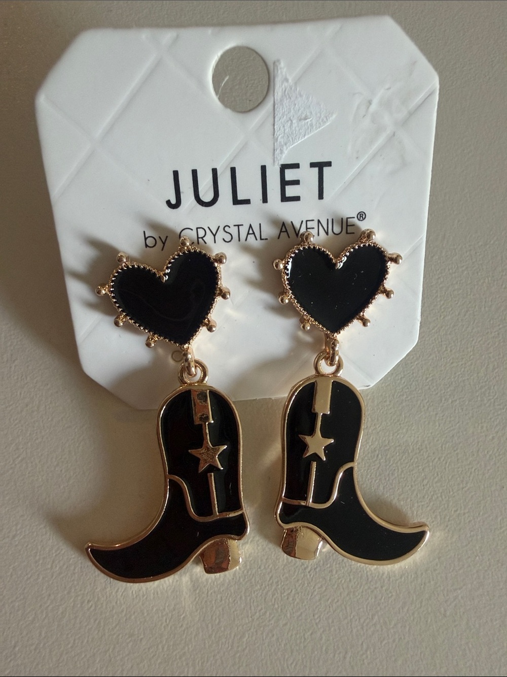 Juliet Black Heart & Cowboy Boot Drop Earrings - Gold Accents